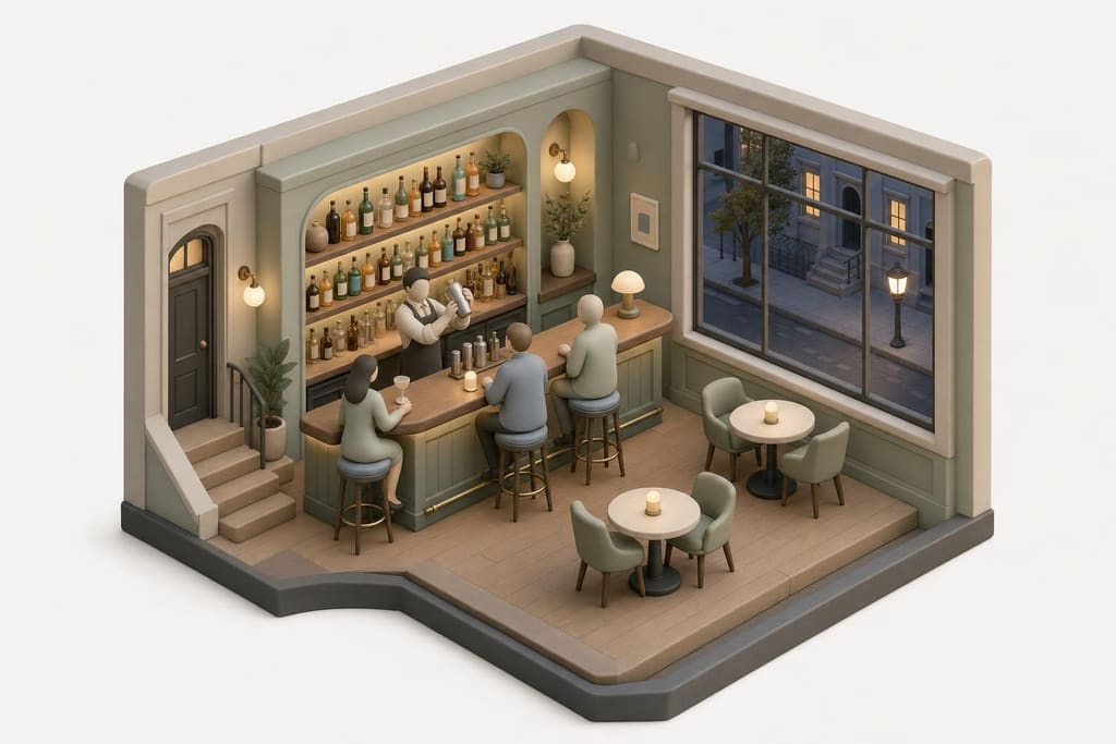 Illustration: kleine Cocktailbar mit Tresen, Barkeeper und Gästen am Abend