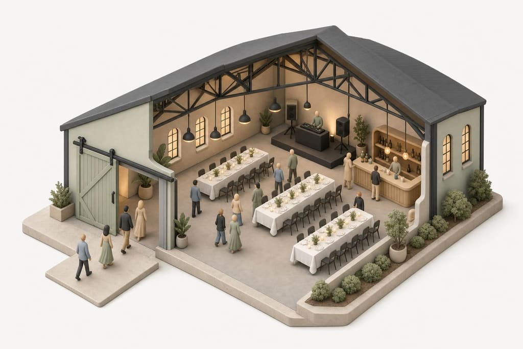 Illustration: umgebaute Industriehalle mit langen gedeckten Tischen, kleiner Bühne und Bar