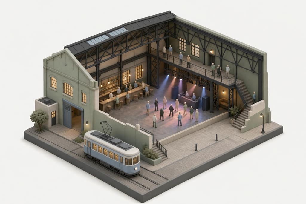 Illustration: ehemalige Industriehalle mit Bartresen, Tanzfläche, Galerie und vorbeifahrendem Tram