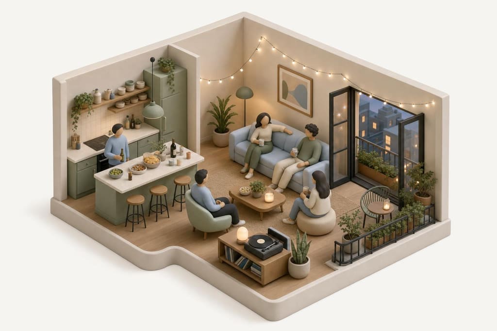 Illustration: entspannte Wohnungsparty mit Sofa, Küchentheke, Plattenspieler und offener Balkontür