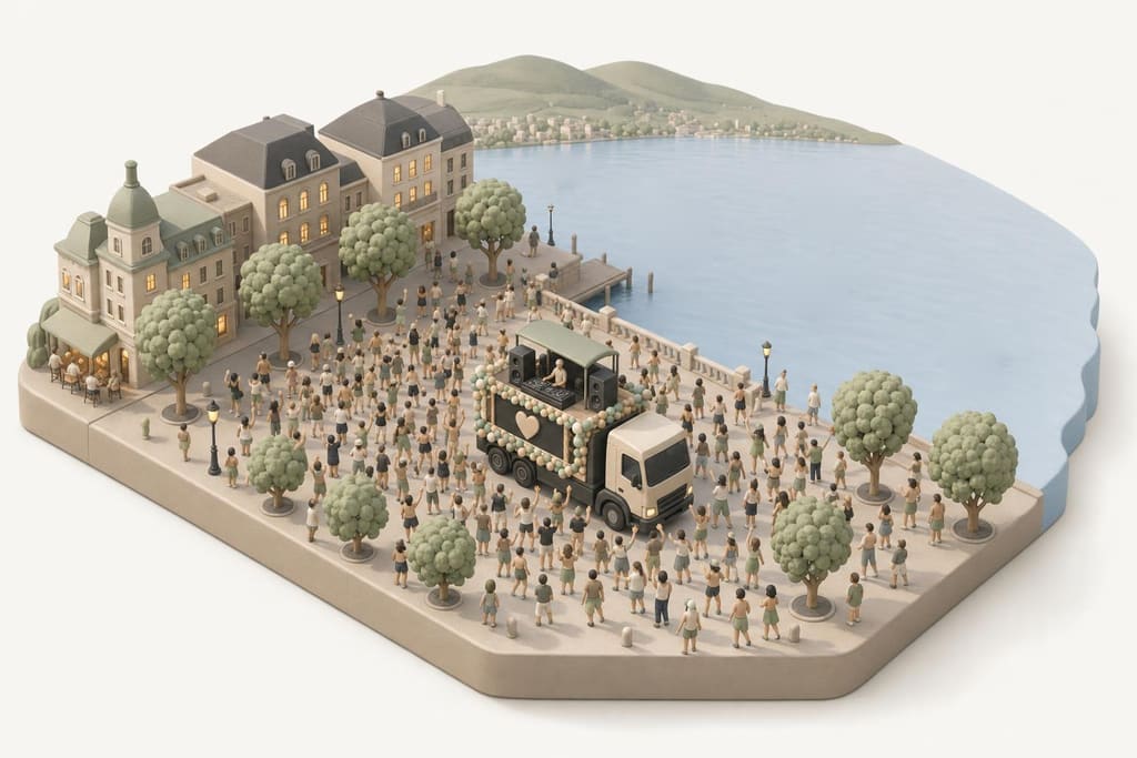 Illustration: Love Mobile und tanzende Menge an der Seepromenade