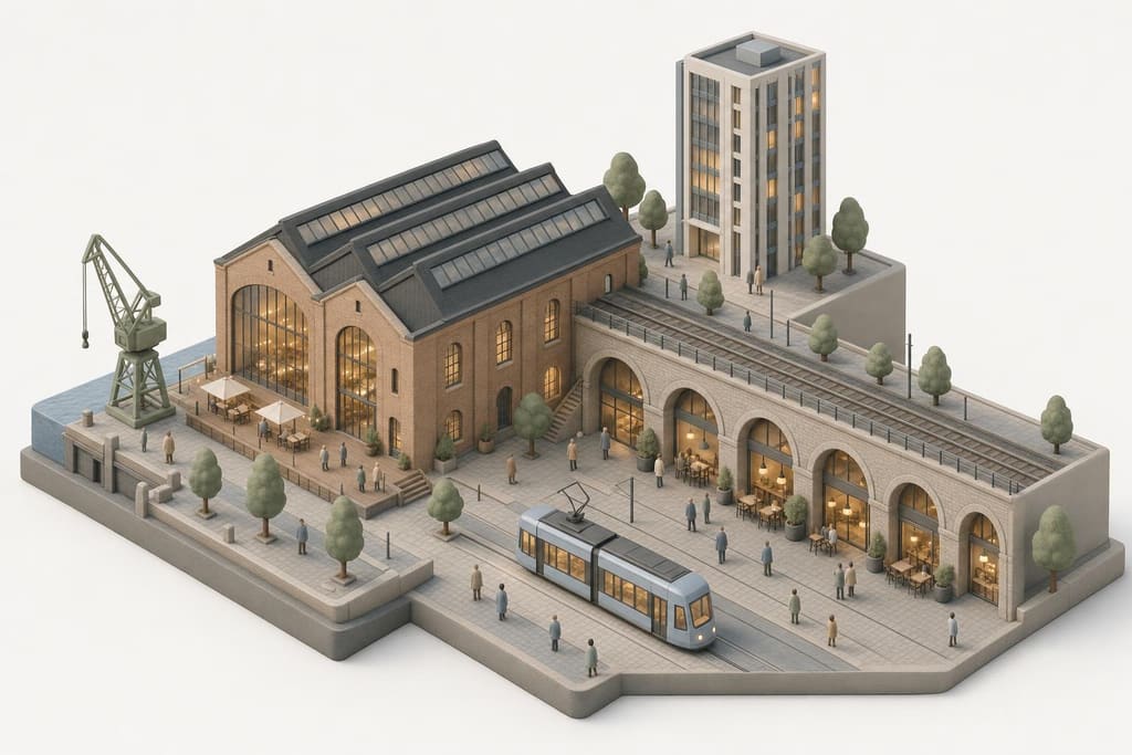 Illustration: Schiffbauhalle, Viaduktbögen mit Bars, Hochhaus und Tram im Industriequartier