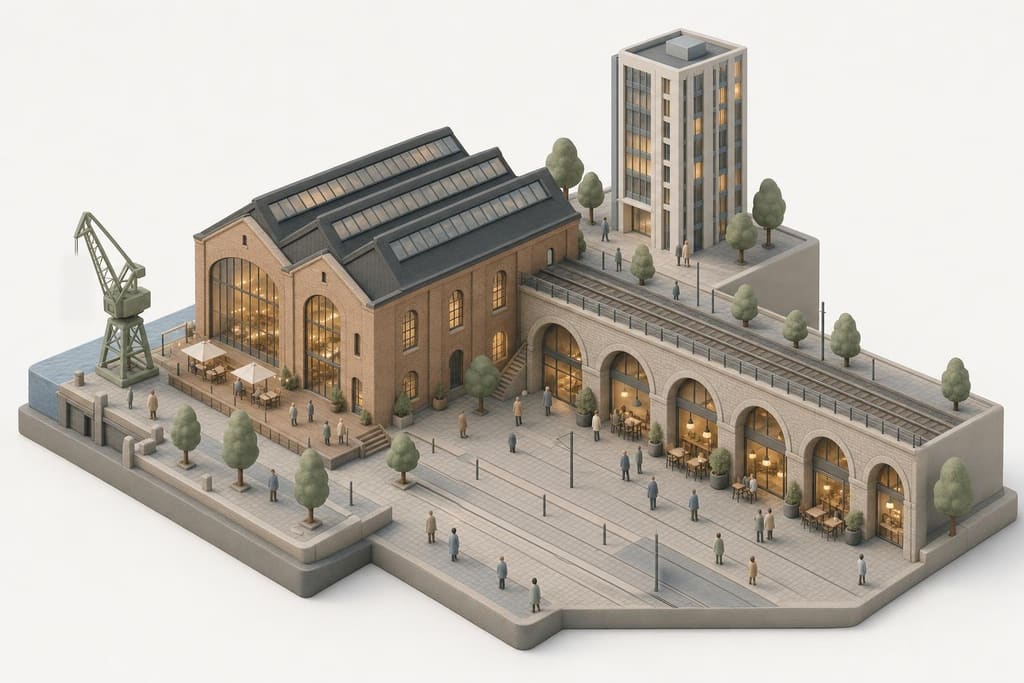 Illustration: Schiffbauhalle, Viaduktbögen mit Bars und ein Tram in Zürich-West